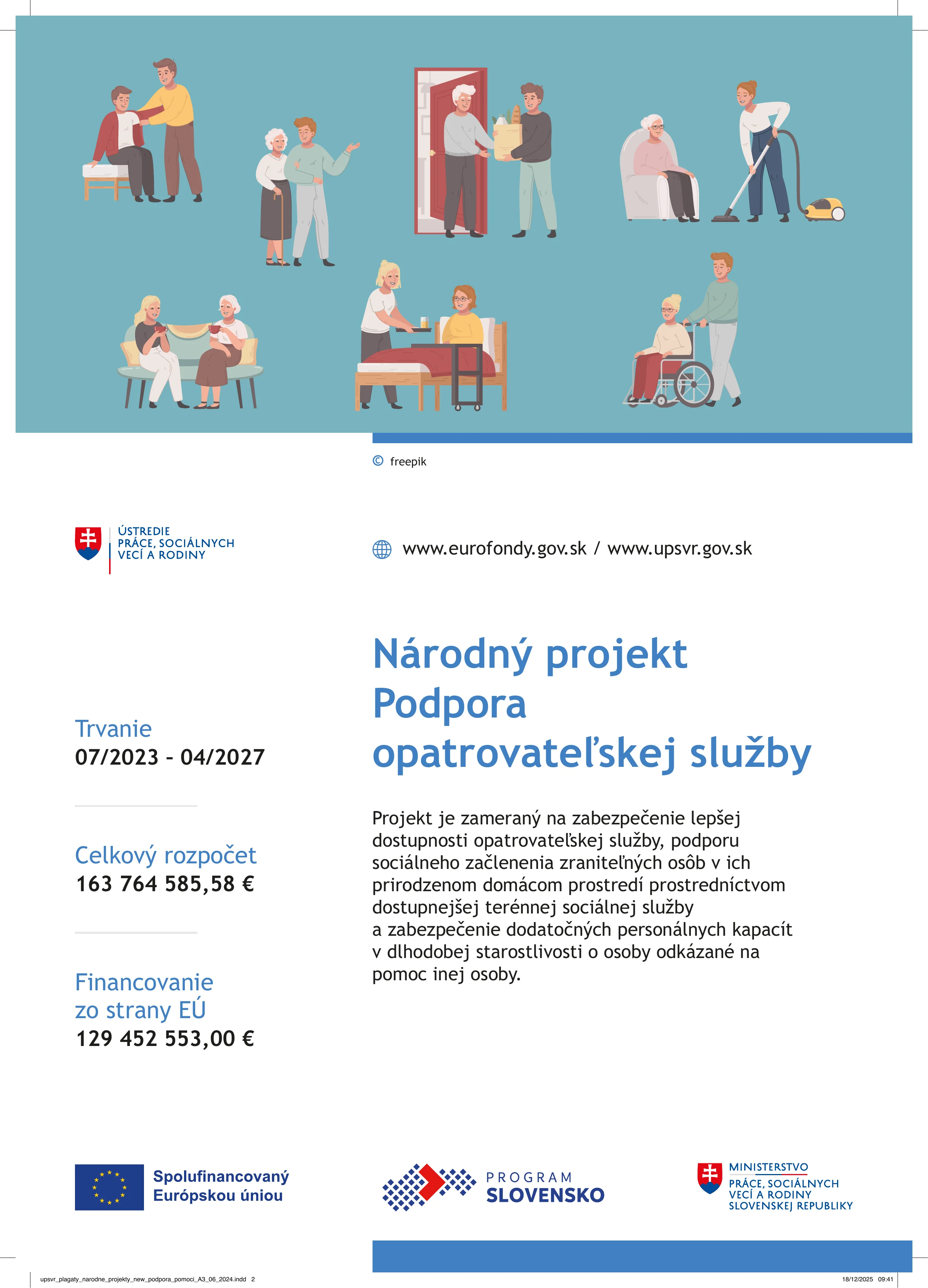 Plagát Národný projekt Podpora opatrovateľskej služby – trvanie 07/2023 – 04/2027, celkový rozpočet 163 764 585,58 €, financovanie zo strany EÚ 129 452 553,00 €